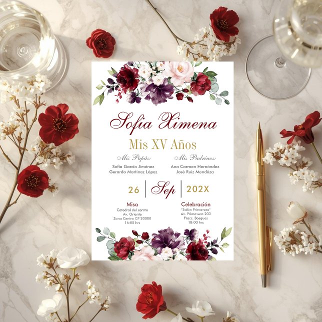 Spanish Burgundy Floral Quinceanera Invitation (Creator Uploaded)