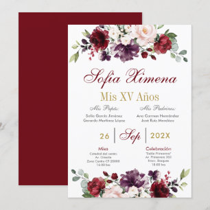 Spanish Burgundy Floral Quinceanera Invitation
