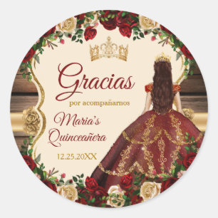 Spanish Burgundy Floral Rustic 15 Anos Gracias Classic Round Sticker