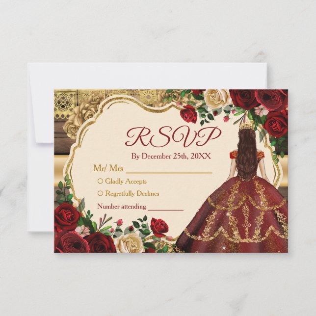 Spanish Burgundy Floral Rustic 15 Años RSVP Thank You Card (Front)