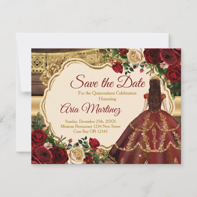 Spanish Burgundy Floral Rustic 15th Save the Date Thank You Card (Front)