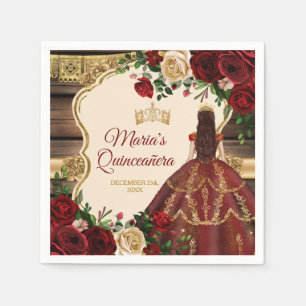 Spanish Burgundy Floral Rustic Mis Quince Paper Napkin
