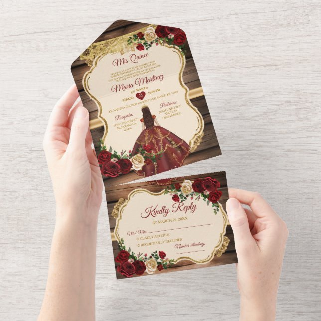 Spanish Burgundy Floral Rustic Wood Mis Quince All In One Invitation (Tearaway)