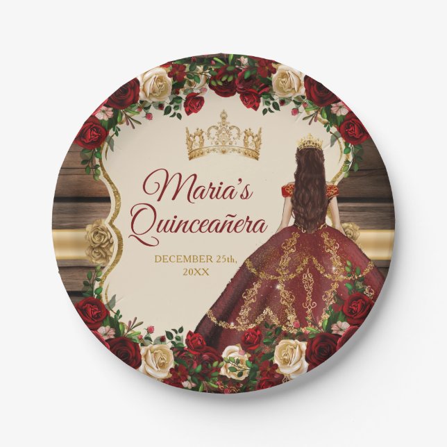 Spanish Burgundy Floral Rustic Wood Mis Quince Paper Plate (Front)