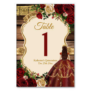 Spanish Burgundy Floral Rustic Wood Mis Quince Table Number