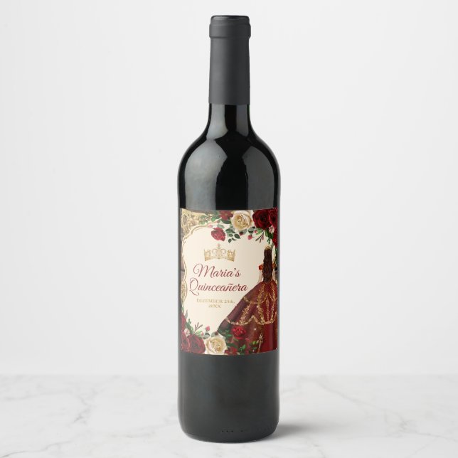 Spanish Burgundy Floral Rustic Wood Mis Quince Wine Label (Front)