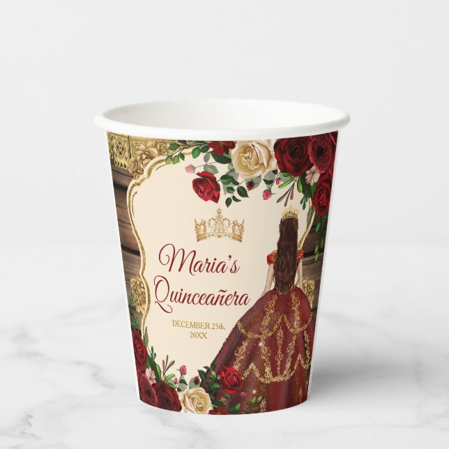 Spanish Burgundy Floral Rustic Wood Quinceañera Paper Cups (Front)
