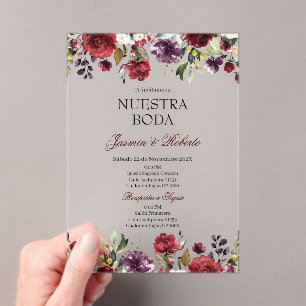 Spanish Burgundy Floral Wedding Acrylic Invitations