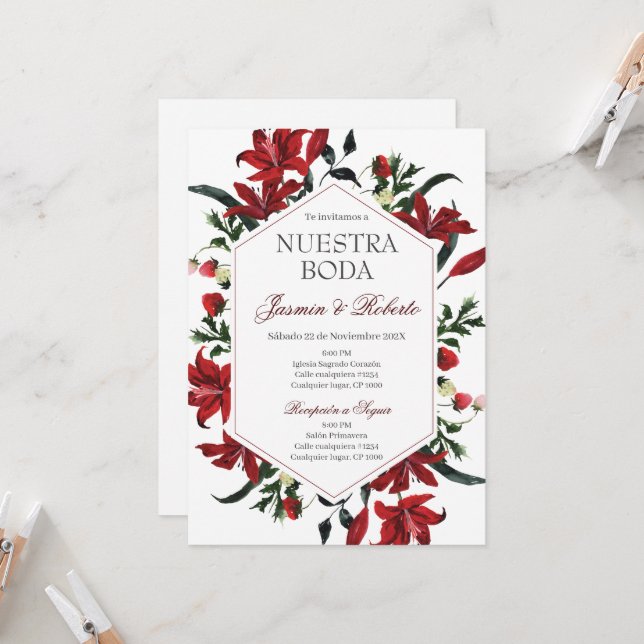 Spanish Burgundy Floral Wedding Invitation (Front/Back In Situ)
