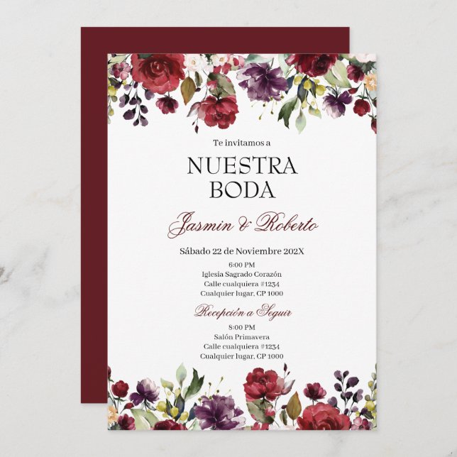 Spanish Burgundy Floral Wedding Invitation (Front/Back)