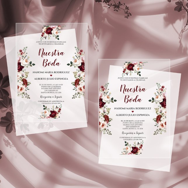 Spanish Burgundy Pink Flowers Nuestra Boda  Acrylic Invitations (Creator Uploaded)