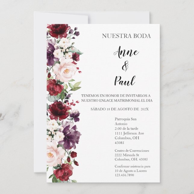Spanish Burgundy Wedding Invitation (Front)