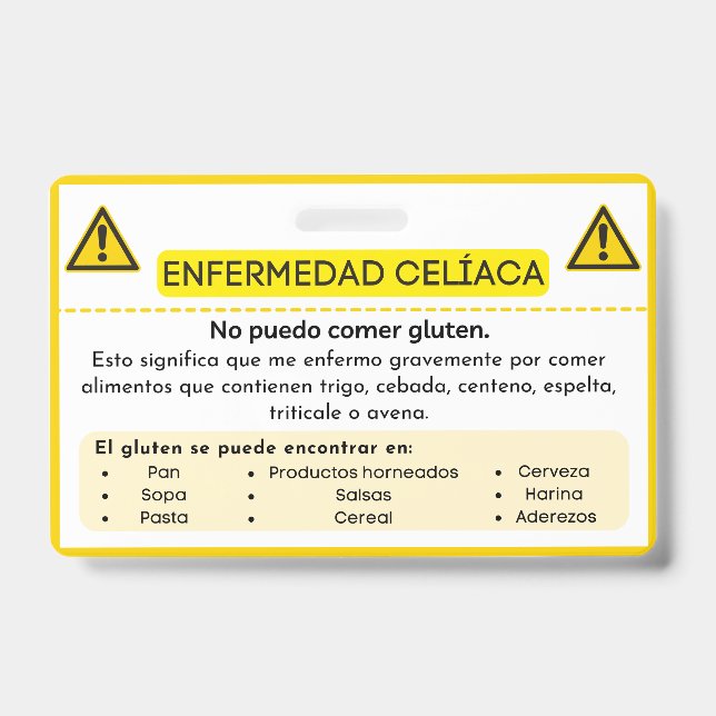 Spanish Celiac Disease Gluten Allergy Alert Card ID Badge (Front)
