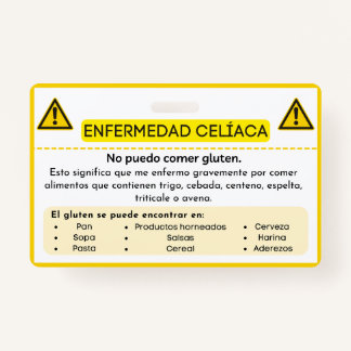 Spanish Celiac Disease Gluten Allergy Alert Card ID Badge