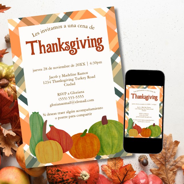 Spanish Cena de Thanksgiving Orange Autumn Plaid  Invitation (Creator Uploaded)
