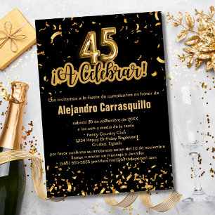 Spanish Chic Black and Gold Confetti 45th Birthday Invitation