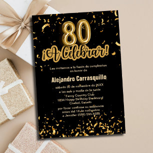 Spanish Chic Black & Gold Confetti 80th Birthday Invitation