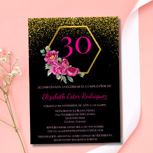 Spanish Chic Black Gold Pink 30th Birthday Invitation
