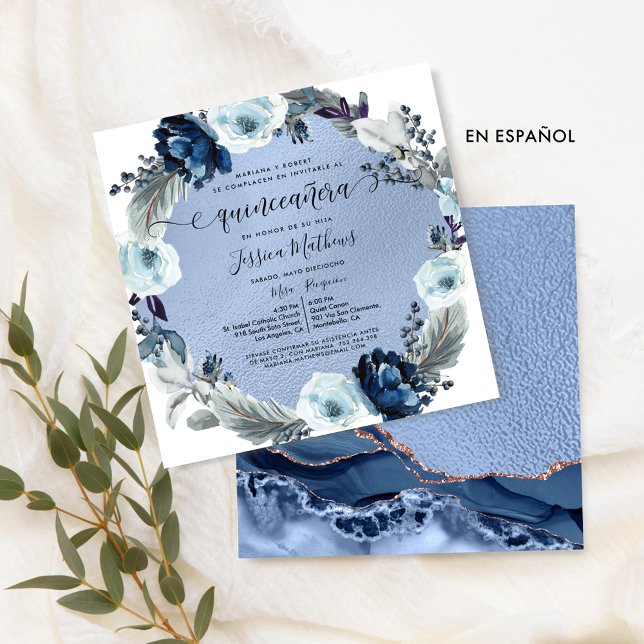 Spanish Chic Blue Flowers Agate Foil Quinceañera Invitation (Creator Uploaded)