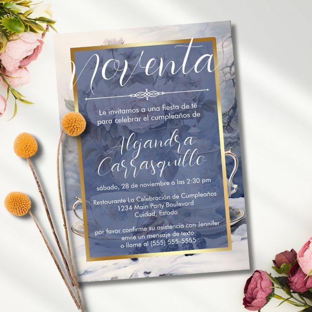 Spanish Chic Blue Gold Tea Party 90th Birthday Invitation (Creator Uploaded)