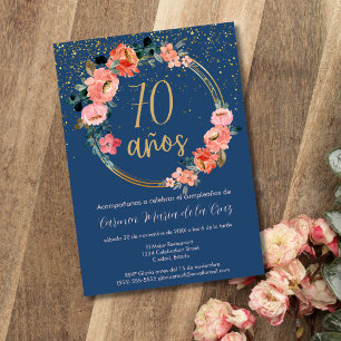Spanish Chic Blue Pink Floral 70th Birthday Party Invitation
