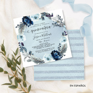 Spanish, Chic Pale Blue Flowers and Foil Quinceañe Invitation