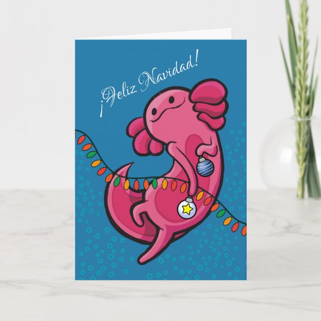 Spanish Christmas Cute Axolotl with Ornaments Card (Front)