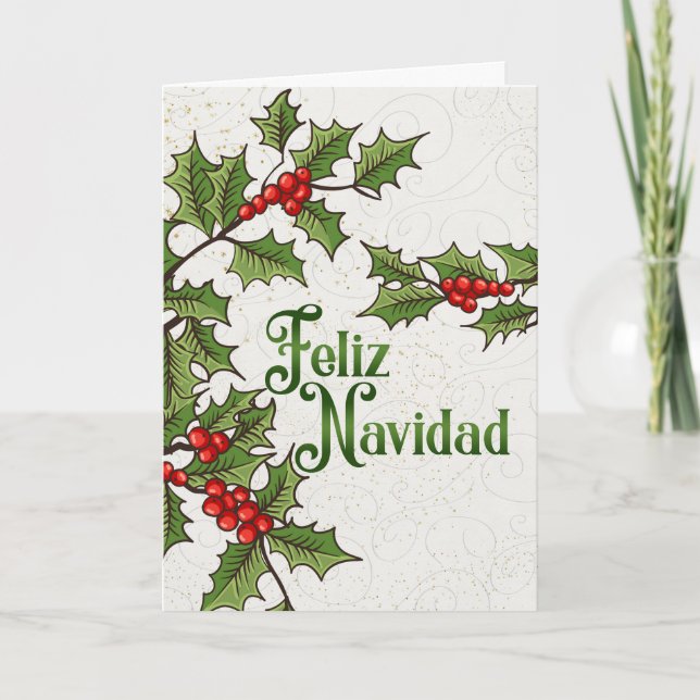 Spanish Christmas Feliz Navidad Holly Berries Holiday Card (Front)