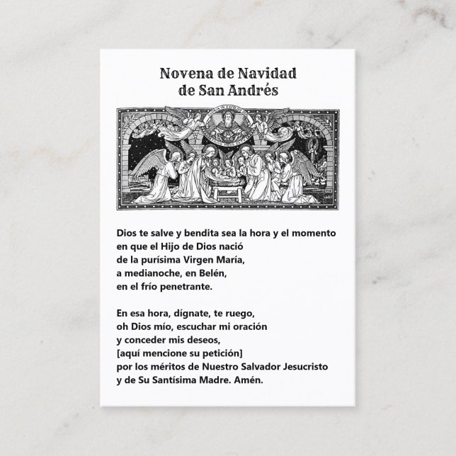 Spanish Christmas  St. Andrew Novena Prayer Business Card (Front)