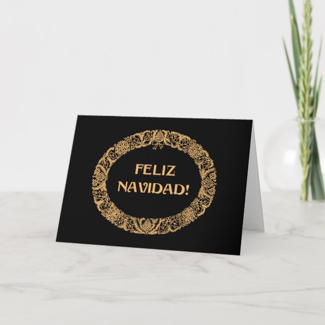 Spanish Christmas Wreath Gold-effect Black Holiday Card (Front)