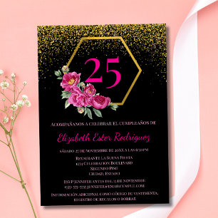Spanish Classy Black Gold Pink 25th Birthday Invitation
