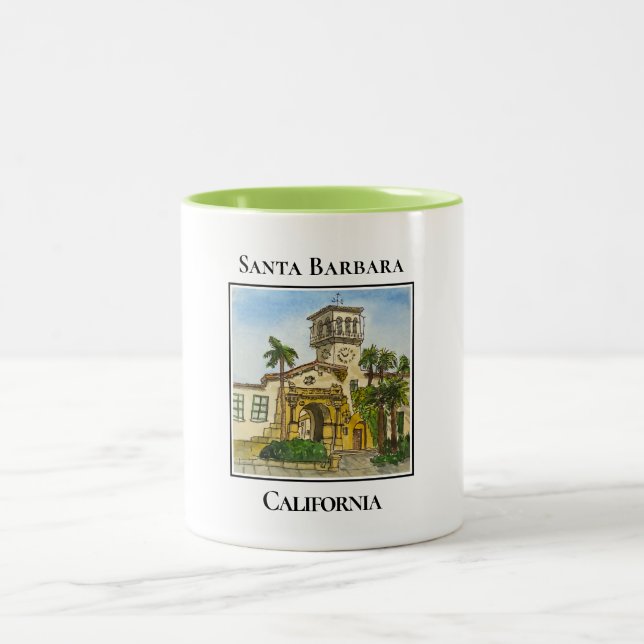 Spanish Colonial Tower, Clock Tower, Santa Barbara Two-Tone Coffee Mug (Center)