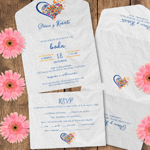 Spanish, Colourful Floral Heart Mexican Wedding All In One Invitation