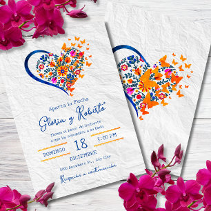 Spanish, Colourful Floral Heart Mexican Wedding Invitation