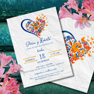 Spanish, Colourful Floral Heart Mexican Wedding Invitation