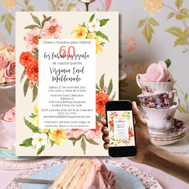 Spanish Colourful Florals White Frame 60th Birthda Invitation (Creator Uploaded)