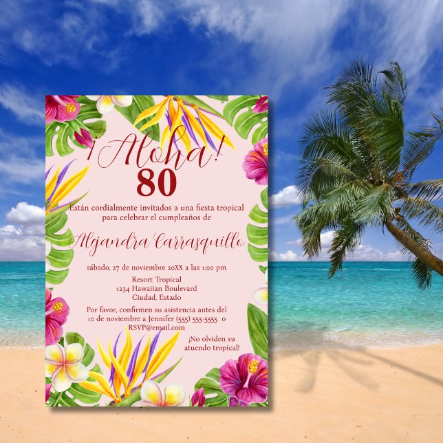 Spanish Colourful Pink Aloha Elegant 80th Birthday Invitation (Creator Uploaded)