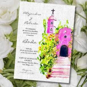 Spanish, Colourful Pink Chapel Mexican Wedding Invitation