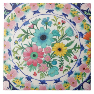 Spanish Colourful Vibrant Flowers Pink Blue Floral Ceramic Tile