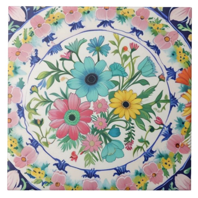 Spanish Colourful Vibrant Flowers Pink Blue Floral Ceramic Tile (Front)