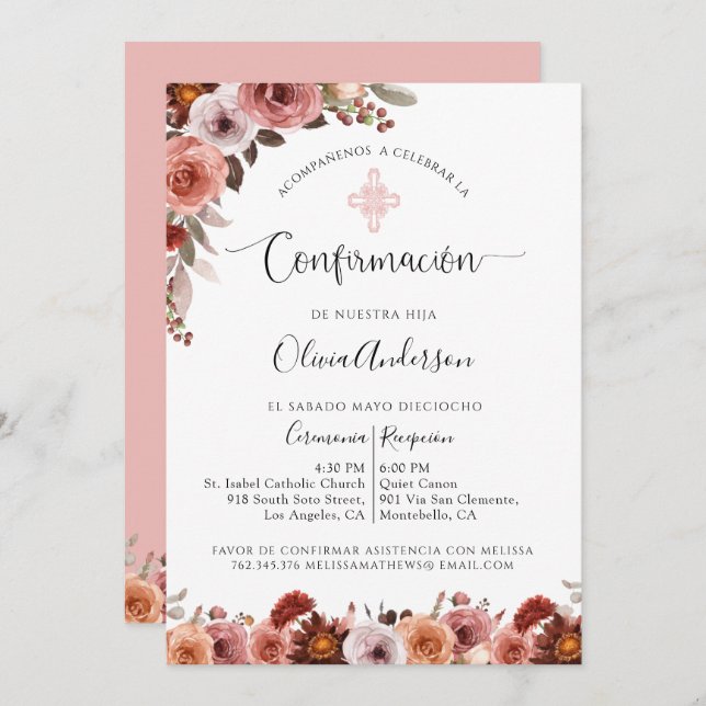 Spanish Confirmation Blush Pink Floral Invitation (Front/Back)