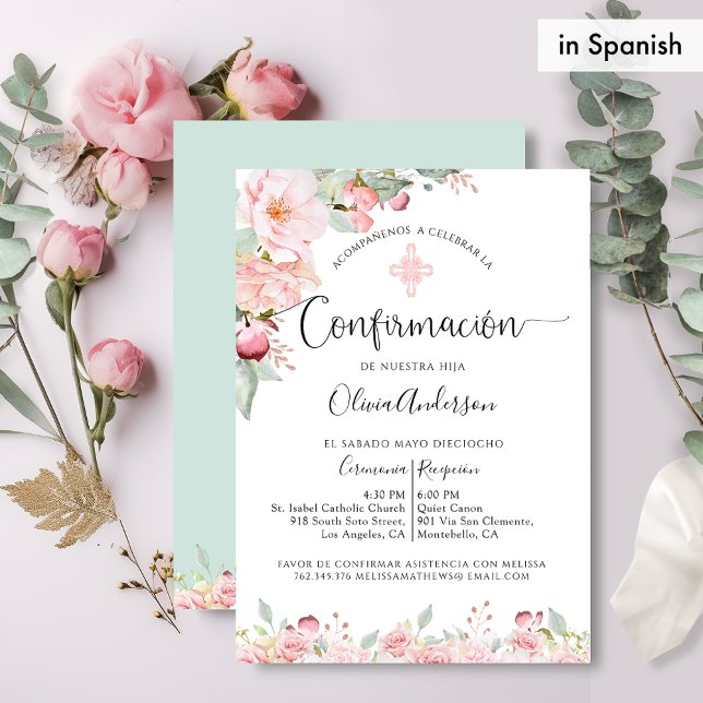 Spanish  Confirmation Rose Gold, Mint Floral Invitation (Creator Uploaded)