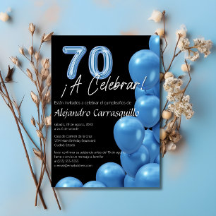 Spanish Cool Blue Balloons Black 70th Birthday Invitation