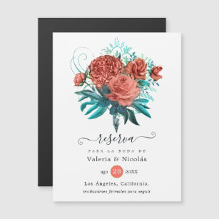 Spanish Coral & Teal Floral Wedding Save the Date Magnetic Invitation