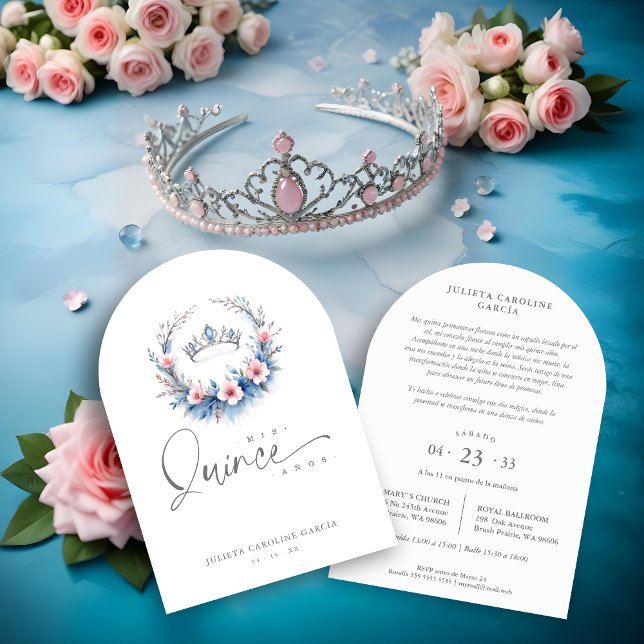 Spanish Cute Blue Pink Floral Quinceañera Tiara Invitation (Spanish Cute Blue & Pink Floral Wreath Quinceañera Invitations Cards with Tiara Design.)