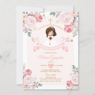 Spanish Cute Little Girl Pink Primera Comunión Invitation