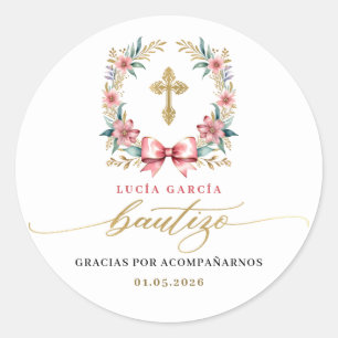 Spanish De Bautizo Gracias Gold & Pink Classic Round Sticker