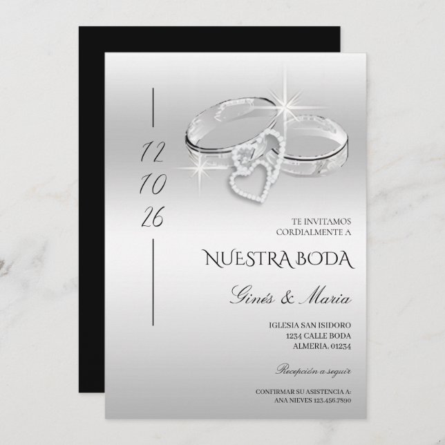 Spanish Decorative Glitzy Silver Wedding Rings  Invitation (Front/Back)