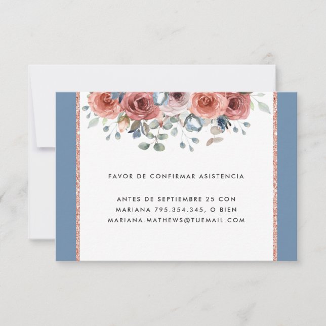 Spanish, Dusty Blue and Blush Floral RSVP Card (Front)