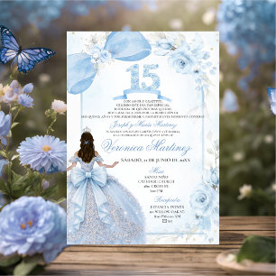 Spanish Dusty Blue Floral 15 Años Silver Crown Invitation